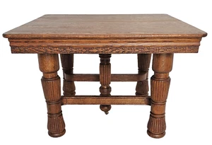 Antique 1900s Solid Oak Expandable Dining Table – Ornate Carved Apron 5-Leg Base - Picture 1 of 21