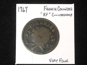 1767 Sou BN French Colonies Colonial Copper, “RF” Counter Stamped. Very Fine!    - Picture 1 of 7