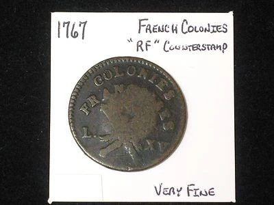 1767 Sou BN French Colonies Colonial Copper, “RF” Counter Stamped. Very Fine!    - Image 1 of 4