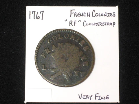 1767 Sou BN French Colonies Colonial Copper, “RF” Counter Stamped. Very Fine! Cover