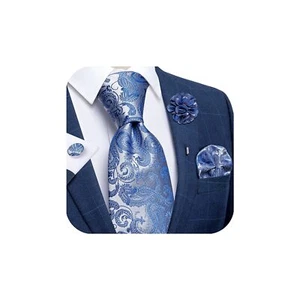 Silk Ties for Men Necktie and Lapel Pin Brooch Set Formal Woven Paisley Plaid... - Picture 1 of 7
