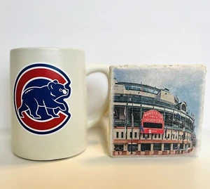 Chicago Cubs Ceramic Mug & Wrigley Field Travertine Stone Coaster. New 2 pc Set - Picture 1 of 3
