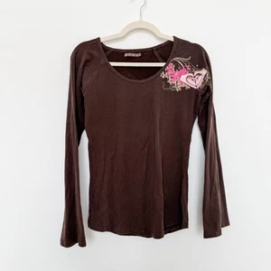 Y2K Roxy Damen Top Größe XL Braun Tattoo Grafik Langarm Surf Skater Grunge - Bild 1 von 6