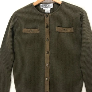 Carlisle Wool Silk Olive Green Ribbed Knit Cardigan Sweater Brown Trim Medium M - Picture 1 of 7