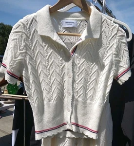 Thom Browne Ladies Cotton Pointelle Cropped Polo Cardigan with Scalloped Trim - Picture 1 of 7