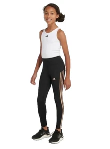 Adidas 3-Stripe Cell Phone Pocket Cozy Leggings BLACK GOLD 3 STRIPES GIRLS XL 16 - Picture 1 of 4