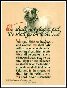 PÓSTER IMPRESO ARTE PERRO BULLDOG WW2 DISCURSO CHURCHILL VINTAGE PATRIÓTICO TAMAÑO A4 - Imagen 1 de 1