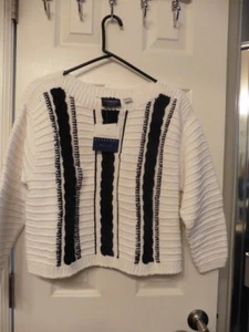 NWT LIZ CLAIBORNE Women's Sweater 100% Cotton Cable Knit - White/Navy - Size PM - Picture 1 of 5