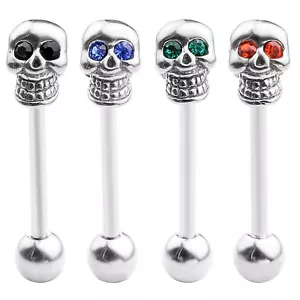 1x Cool Skull Tongue Bar Barbell Stud Piercing Ring Stainless steel Body Jewelry - Picture 1 of 13