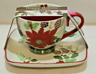 Dutch Wax Coastline Imports Poinsettia Soup Mug & Sandwich Plate Set New