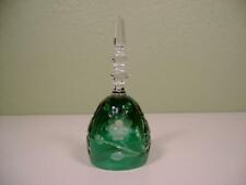 Large Bohemian Cut to Clear Green Crystal Dinner/Hand Bell Art Glass w/Rose