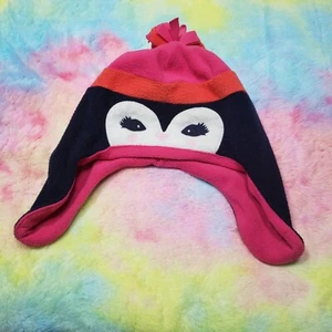 Penguin Beanie Winter Hat Black Pink Knit Girls Small Size Gymboree Pom Pom - Picture 1 of 8