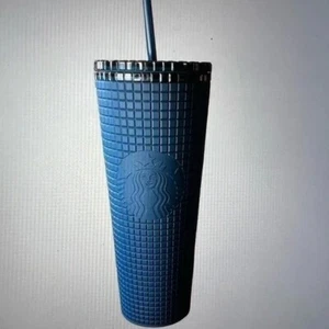 Starbucks 2023 Spring Prussian Blue Soft Touch Grid Venti Tumbler with Straw 24 - Picture 1 of 6