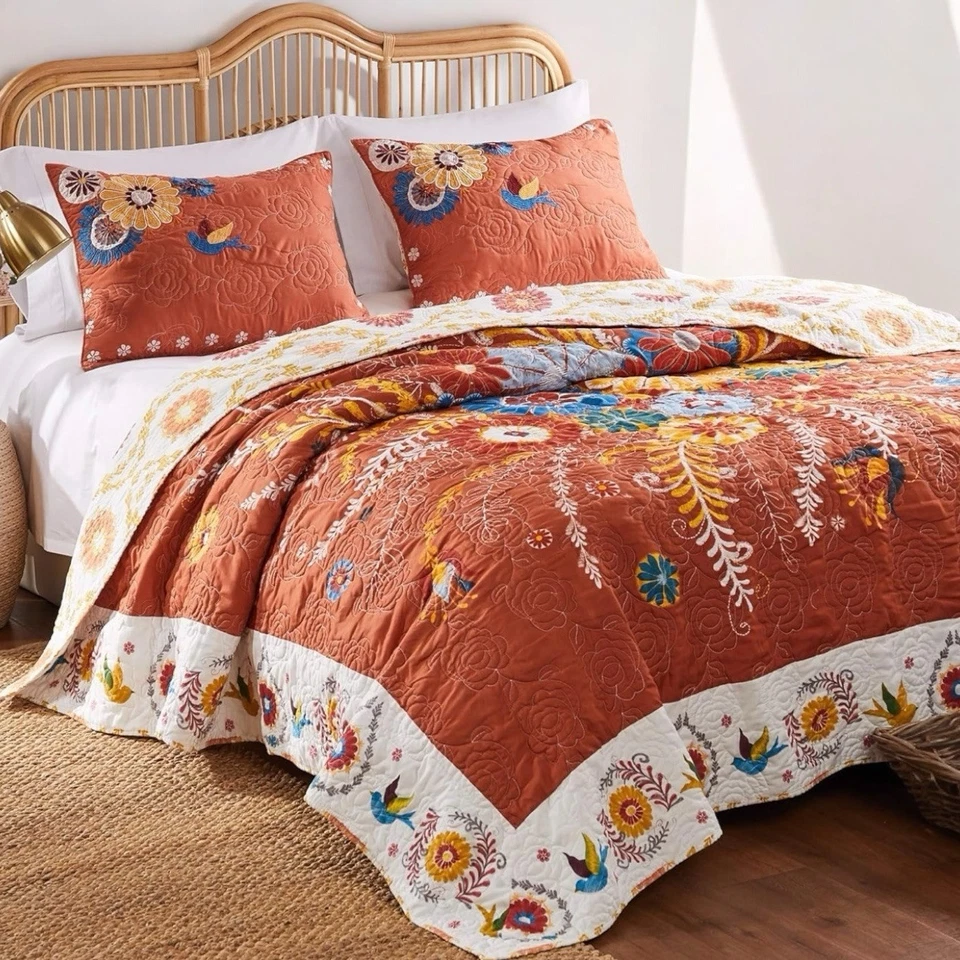 NEW Anthropologie King Floral Reversible Boho Quilt Bedspread Blanket Sham Set - Image 1 of 4