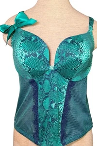 Cacique Bustier Corset Python Animal Print Teal Green SZ 18/20 2X Satin Bow Sexy - Picture 1 of 8