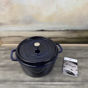 Williams Sonoma Staub Round Dutch Oven 7 qt. Dark Blue Chipped Lid Scuffs Read - Picture 1 of 24