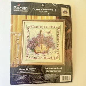 Bucilla #45293 Flowers Of Friendship Cross Stitch Kit Basket Purple Flowers NEW - Picture 1 of 6