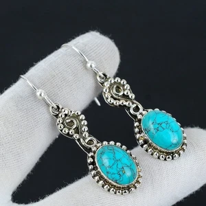 Blue Turquoise Gemstone Handmade 925 Sterling Silver Jewelry Earring Size-1.75" - Picture 1 of 5