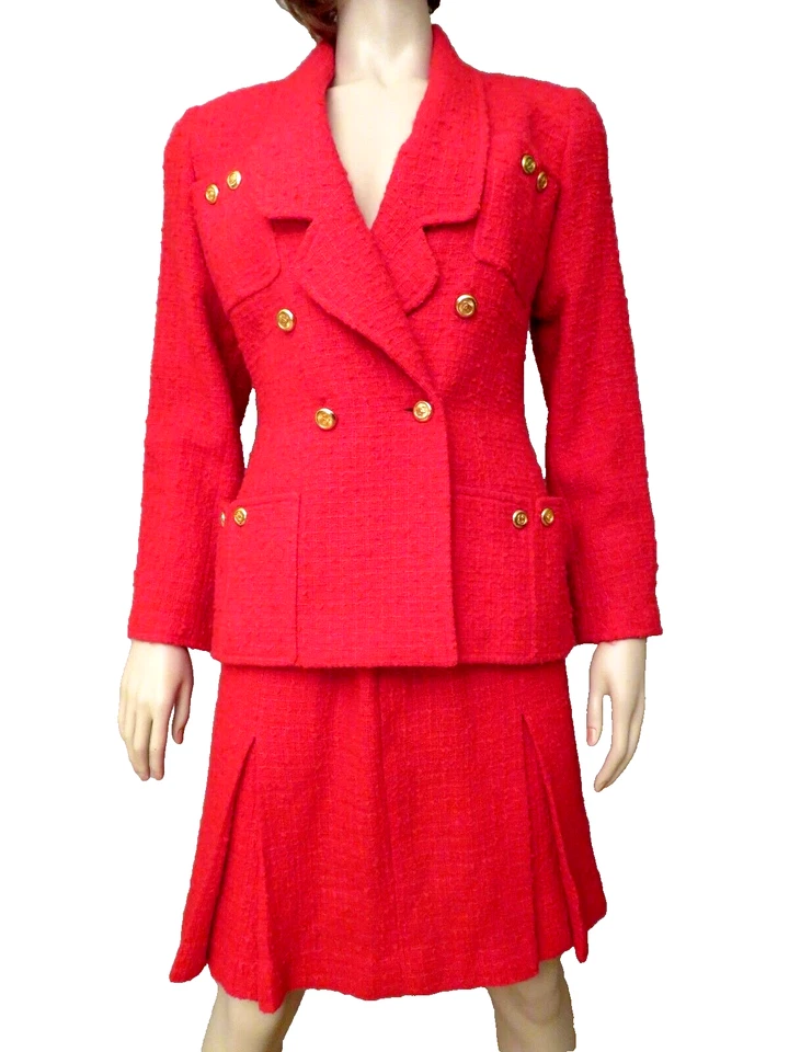 Chanel Vestido Tweed Rojo Plisado Falda Traje Primavera Verano Logo CC De Colección Talla 38 Foto 1 de 4