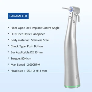 Dental Fiber Optic 20:1 Implant Contra Angle Low Speed LED Handpiece - Picture 1 of 12