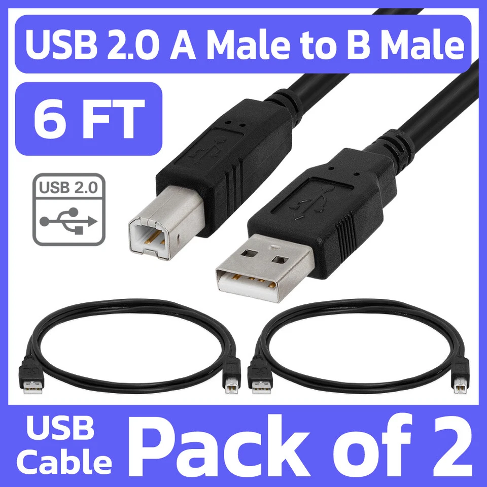 2 Pack Printer Cable 6ft USB 2.0 A Male to B Male Cord for HP Epson Canon Dell - Image 1 of 4