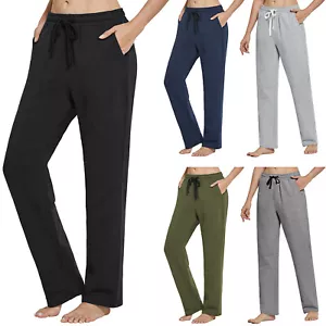 Women Cotton Pants Loose Yoga Sweatpants Pockets Wide Leg Gym Pajama Sweatpants