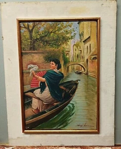 LUIGI LANZA QUADRO OLIO SU TAVOLA 22,5X33 CM DONNA IN GONDOLA A VENEZIA BELLO - Foto 1 di 7