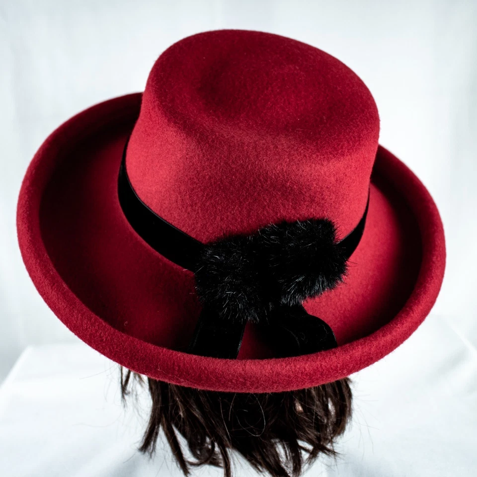AMANDA SMITH Italy Red Black Velvet Trim Wool Vintage Women Bowler Hat Size M 7 - Image 1 of 4