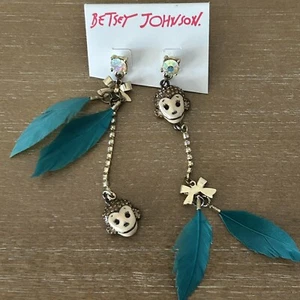 BETSEY JOHNSON MONKEY W/BLUE FEATHER EARRINGS NWT - Picture 1 of 6