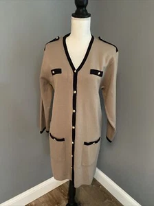 VTG Jaeger Wool Nautical Long Button Down Cardigan Sweater Beige Navy Blue - Picture 1 of 8