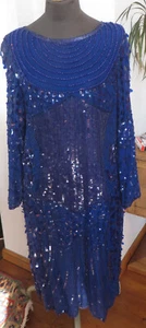Exclusives Kleid der 80er, blauer Crepe mit Pailletten und Perlen handbes, Gr. M - Bild 1 von 7