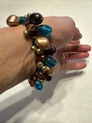Tirquoise Gold Copper Colored Beaded Stretchy Ladies Bracelet Costume Bangle - Image 1 of 3