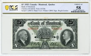 1935 $5 Bank of Montreal - PCGS Choice AU 58 - Picture 1 of 2