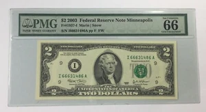 2003 $2 Federal Reserve Note Minneapolis PMG Gem Uncirculated 66 # - Picture 1 of 4