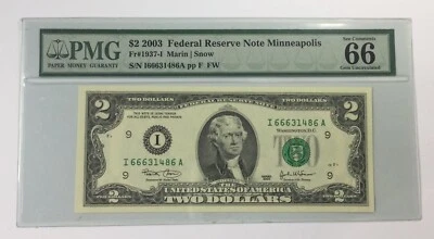 2003 $2 Federal Reserve Note Minneapolis PMG Gem Uncirculated 66 # - Image 1 of 4