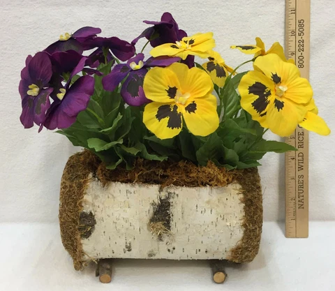 Birch Bark Basket Wood Handmade w/ Pansy Flowers Artificial Purple & Yellow Cover