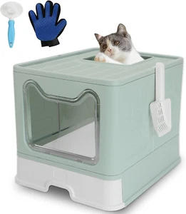 Foldable Cat Litter Box with Lid,No Smell Large Top Entry Litter Box with Cat Li - Picture 1 of 9