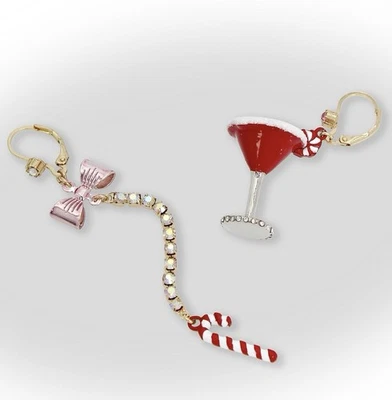 BETSEY JOHNSON Faux Stone Jingle Bell Bling Christmas Martini Mismatch Earrings - Image 1 of 4