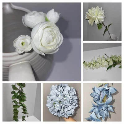 Paquete de 60 tallos florales artificiales azules y blancos Ranunculus dalia eucalipto etc. Foto 1 de 4