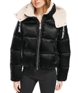 DKNY Jeans Damen gefütterte Jacke mit Logo-Kordelzug und Kapuze schwarz XL - Bild 1 von 3