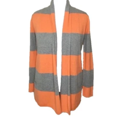 PURE AMICI Orange & Gray Striped Cashmere Front Pockets Open Front Cardigan Sz M - Image 1 of 3