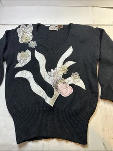 Palm Springs Yacht Club Womens Sweater Embroidered Patch Sequins Black L #2067 - Picture 1 of 13