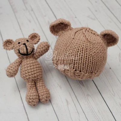 Terno de boneca urso chapéu malha tecido à mão bebê adereços fotografia estúdio recém-nascido crianças - Imagem 1 de 4