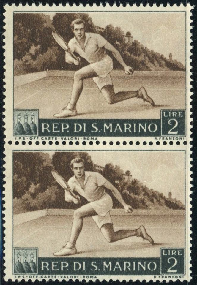 Raqueta deportiva de pista dura de tenis San Marino #328 2L par de franqueo 1953 como nueva nueva Foto 1 de 1