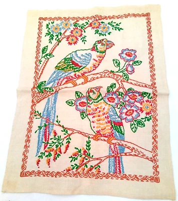 Vintage Embroidered Parrots Floral Doily Wall Art Hanging Multicolor Home Decor - Image 1 of 4