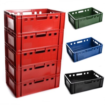 5 Stück E2 Lagerkisten 600x400x200 Mm – Fleischkisten Aus HDPE, Lebensmittelecht, Stapelbar, Schwarz E2 Kisten 600x400x200