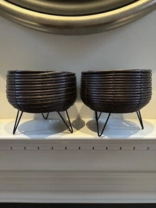 Pair of MGM Dark Brown Rattan Round Metal Tripod Plant Stand, 7.25”Tall 8”D - Picture 1 of 19