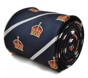 navy dark blue tie with crown design and white stripe by Frederick Thomas - Picture 1 of 4