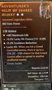 Diablo 4 Season 7 2GA Helm 685 max life 13.2% CDR - Picture 1 of 1