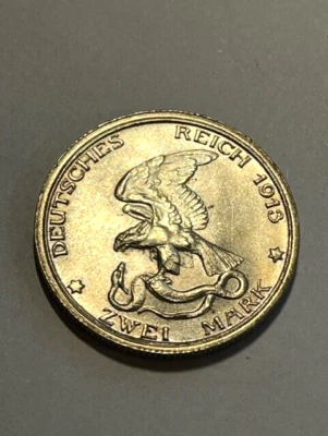 1913 年 A 年德国各州/普鲁士 2 马克银币 AU #12566 — 第 1/2 张图片